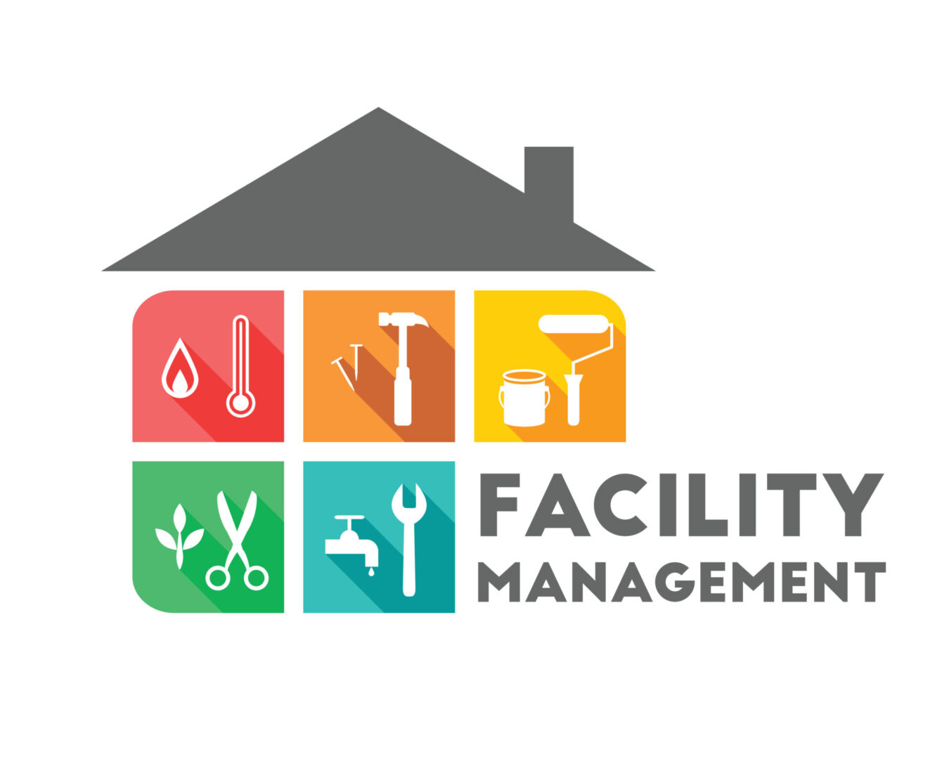 Facility management concept with building and working tools in flat design