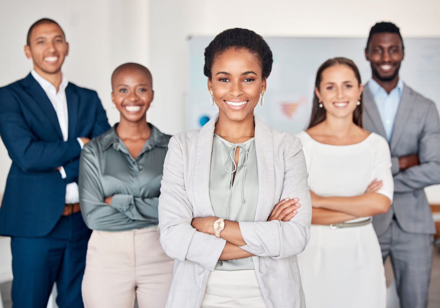 Black woman leadership, portrait and happy teamwork, management and collaboration, company vision and trust in office. Female ceo, diversity business people and corporate employees support in startup.
